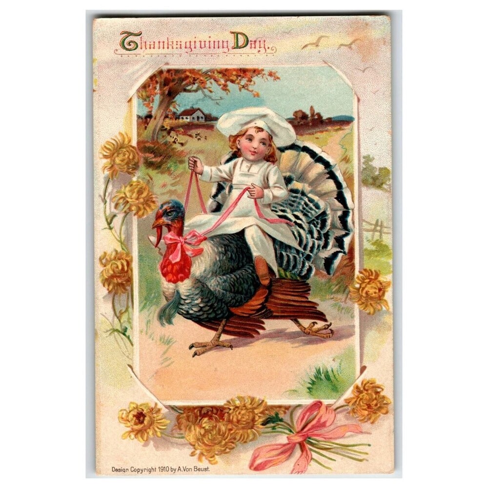 1910 Thanksgiving Postcard Child Chef Riding Turkey Embossed German Print